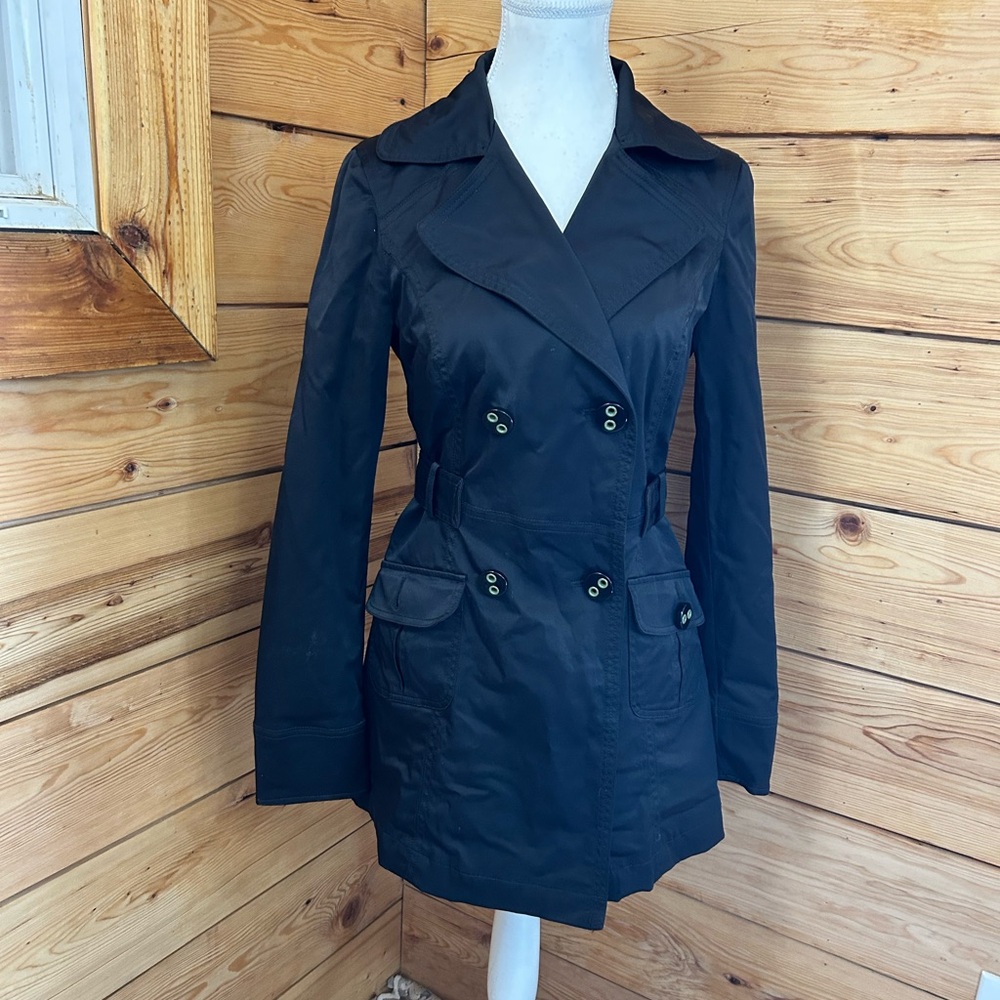 Vintage Black Double Breasted Cotton Short‎ Trench Coat Womens Medium Zara TRF